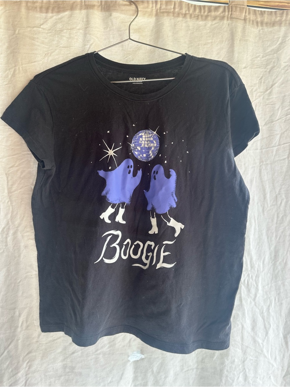 Old Navy Black Tee with Purple Ghosts and Disco Graphic